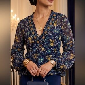 Meadow Rue Navy Blue Floral V-Neck Long Sleeve Blouse